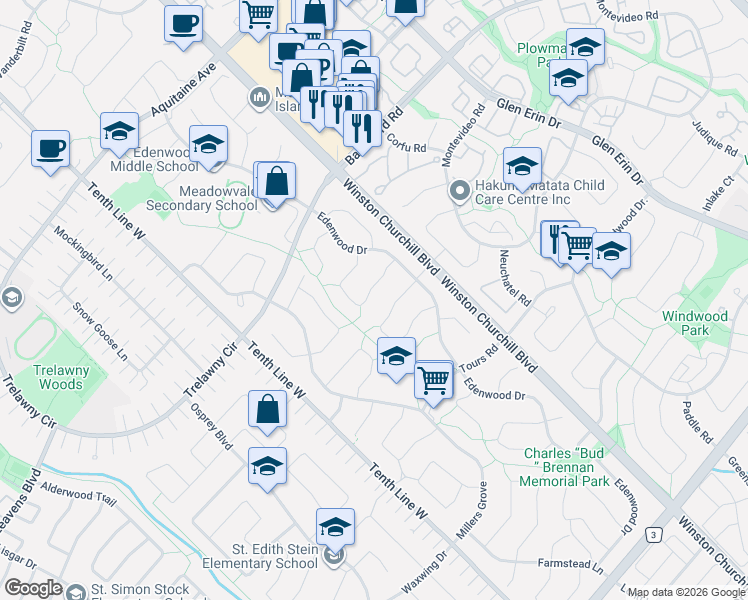 map of restaurants, bars, coffee shops, grocery stores, and more near 3072 Patrick Crescent in Mississauga