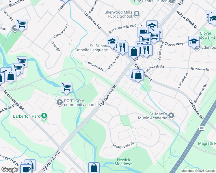 map of restaurants, bars, coffee shops, grocery stores, and more near 1603 Barbertown Road in Mississauga