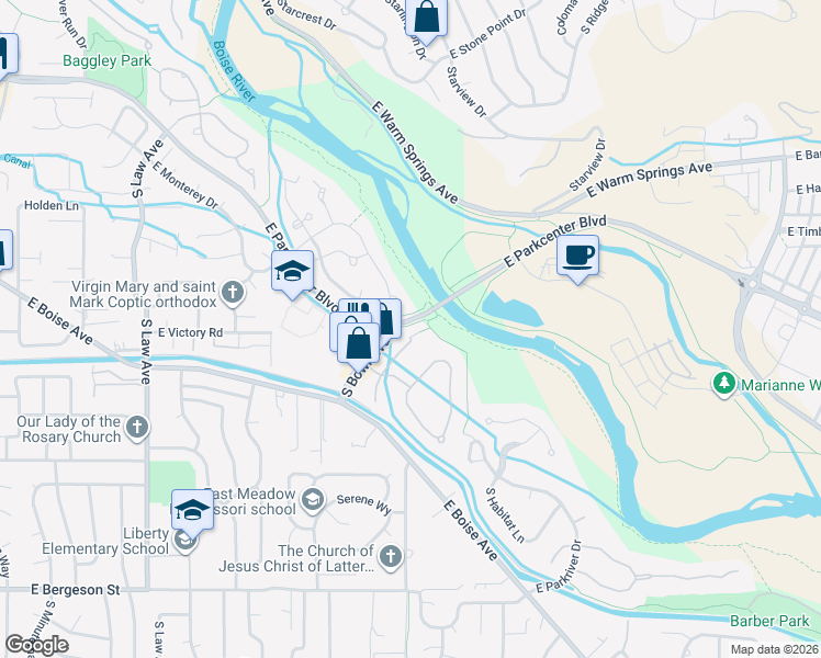 map of restaurants, bars, coffee shops, grocery stores, and more near 3020 South Rookery Lane in Boise
