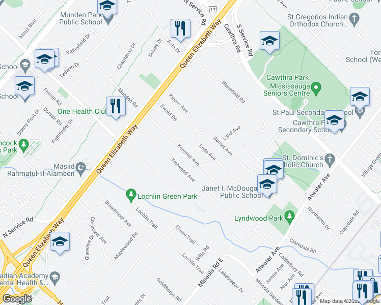 map of restaurants, bars, coffee shops, grocery stores, and more near 1525 Kenmuir Avenue in Mississauga