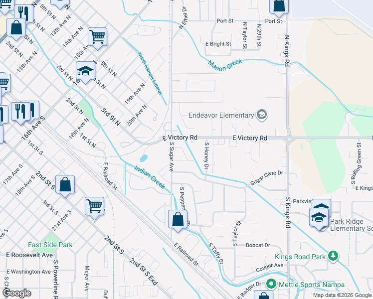 map of restaurants, bars, coffee shops, grocery stores, and more near 9 South Honey Drive in Nampa