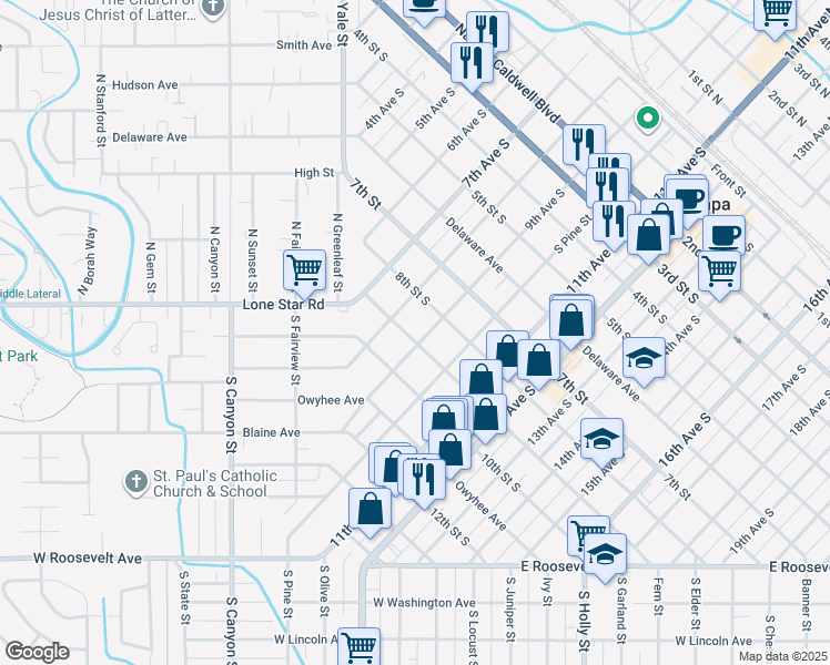 map of restaurants, bars, coffee shops, grocery stores, and more near 903 9th Avenue South in Nampa