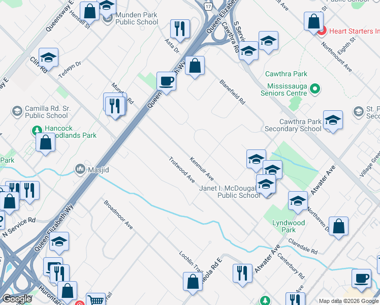 map of restaurants, bars, coffee shops, grocery stores, and more near 1519 Kenmuir Avenue in Mississauga
