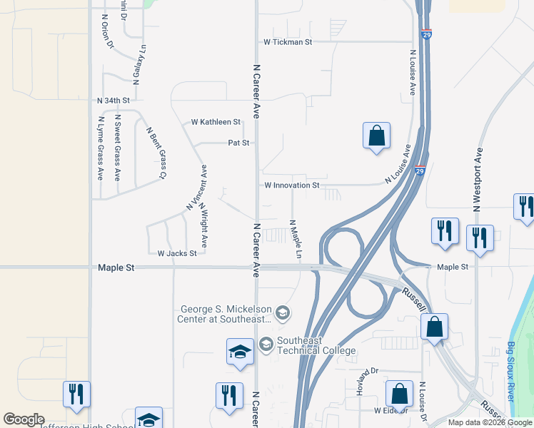 map of restaurants, bars, coffee shops, grocery stores, and more near 2608 North Career Avenue in Sioux Falls