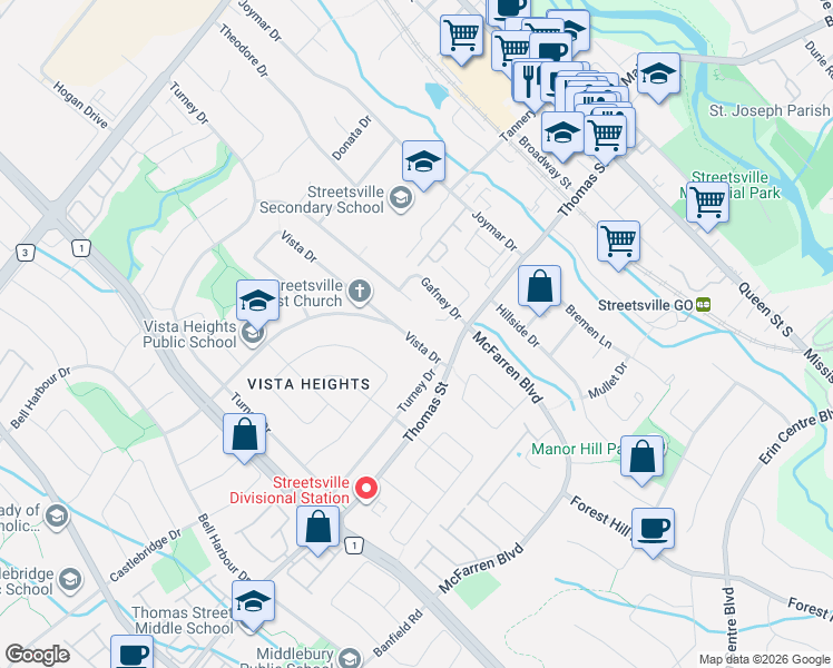 map of restaurants, bars, coffee shops, grocery stores, and more near 133 Vista Drive in Mississauga