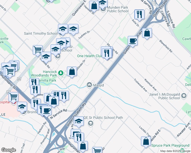 map of restaurants, bars, coffee shops, grocery stores, and more near 275 North Service Road in Mississauga