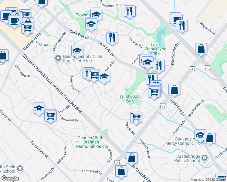 map of restaurants, bars, coffee shops, grocery stores, and more near 2873 Inlake Court in Mississauga
