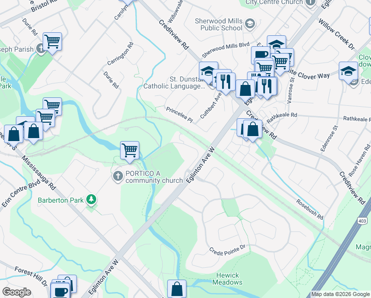 map of restaurants, bars, coffee shops, grocery stores, and more near 1648 Barbertown Road in Mississauga