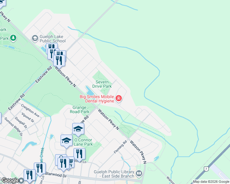 map of restaurants, bars, coffee shops, grocery stores, and more near 22 Sandcreek Lane in Guelph