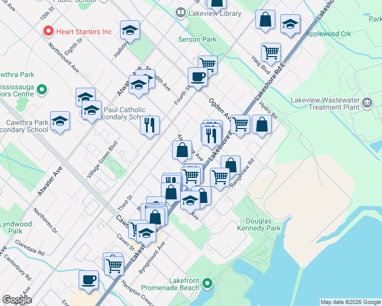 map of restaurants, bars, coffee shops, grocery stores, and more near 1038 Alexandra Avenue in Mississauga