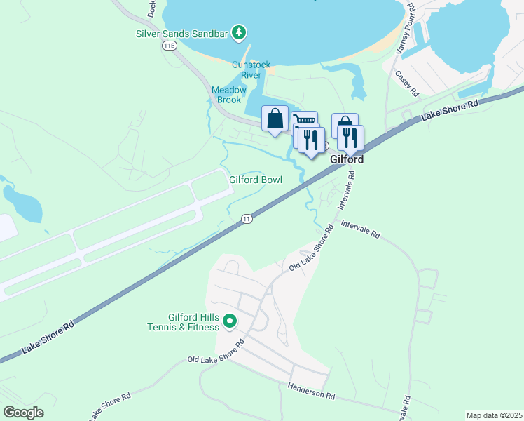 map of restaurants, bars, coffee shops, grocery stores, and more near Highway 11 in Gilford