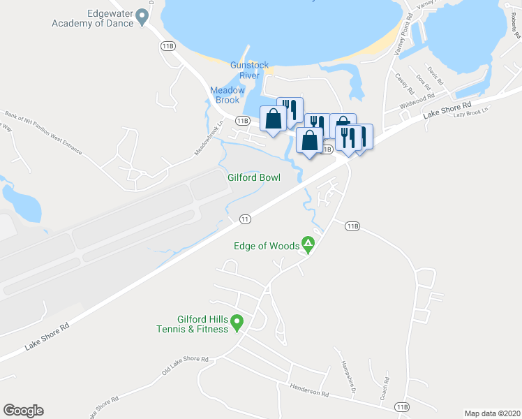 map of restaurants, bars, coffee shops, grocery stores, and more near Highway 11 in Gilford