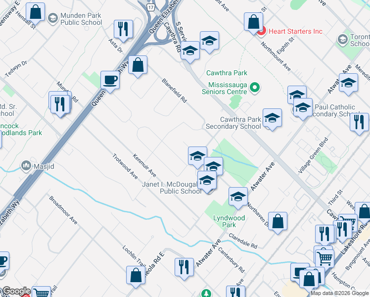 map of restaurants, bars, coffee shops, grocery stores, and more near 1432 Northaven Drive in Mississauga