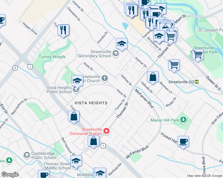 map of restaurants, bars, coffee shops, grocery stores, and more near 128 Vista Boulevard in Mississauga