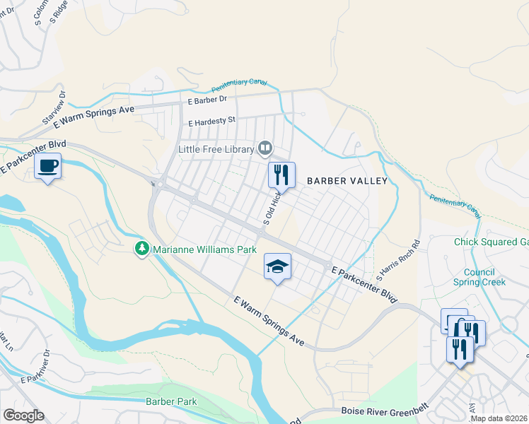 map of restaurants, bars, coffee shops, grocery stores, and more near 3121 South Old Hickory Way in Boise