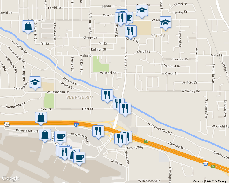 map of restaurants, bars, coffee shops, grocery stores, and more near 2991 South Ladera Place in Boise