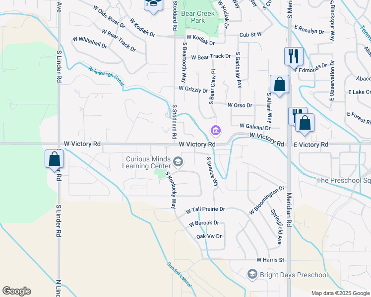 map of restaurants, bars, coffee shops, grocery stores, and more near 735 West Victory Road in Meridian