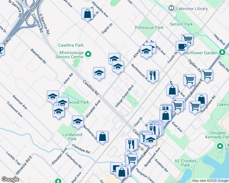 map of restaurants, bars, coffee shops, grocery stores, and more near 1244 Parkwest Place in Mississauga