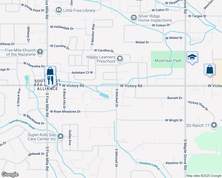 map of restaurants, bars, coffee shops, grocery stores, and more near 9933 West Victory Road in Boise