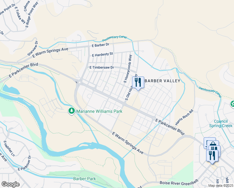 map of restaurants, bars, coffee shops, grocery stores, and more near 3025 South Honeycomb Way in Boise