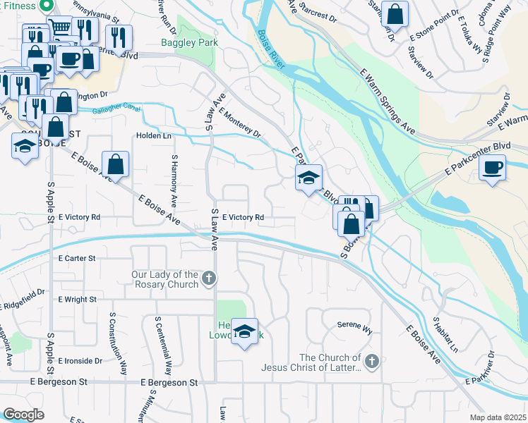 map of restaurants, bars, coffee shops, grocery stores, and more near 2020 East Victory Road in Boise