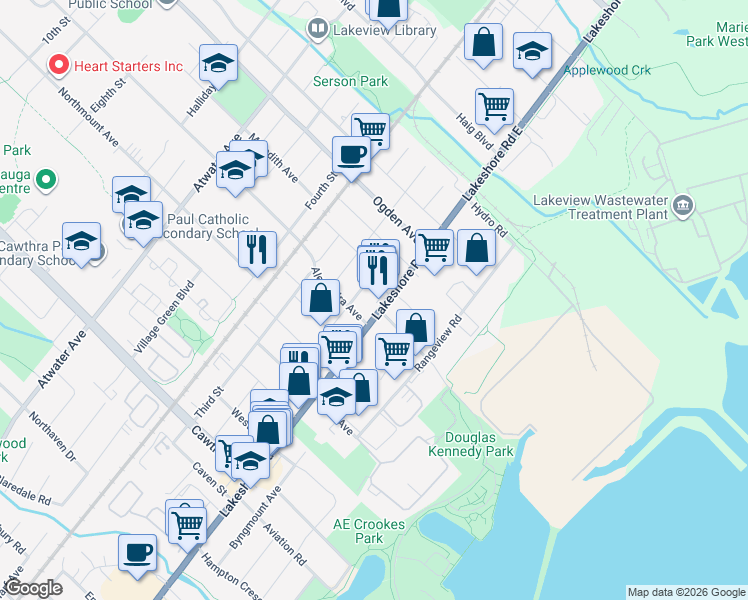 map of restaurants, bars, coffee shops, grocery stores, and more near 939 A Lakeshore Road East in Mississauga