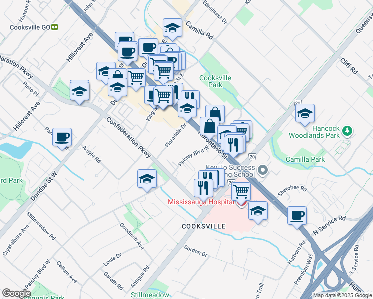map of restaurants, bars, coffee shops, grocery stores, and more near 65 Paisley Boulevard West in Mississauga