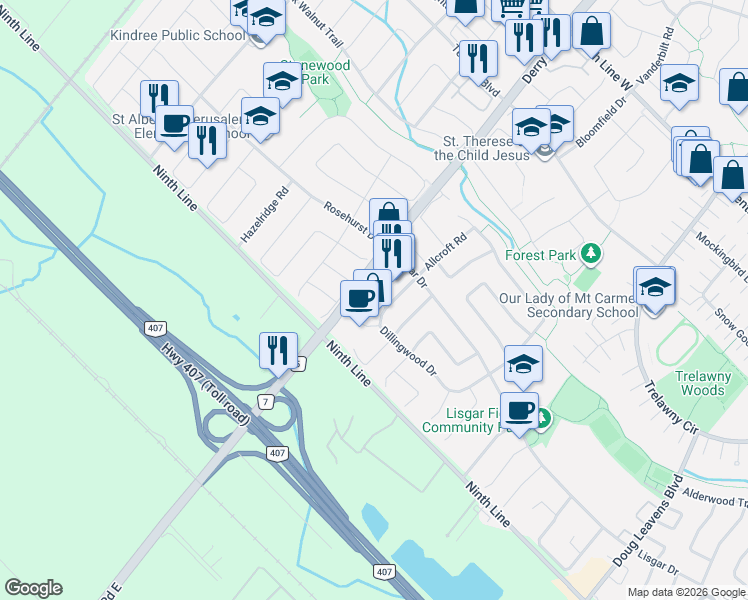 map of restaurants, bars, coffee shops, grocery stores, and more near 6978 Lisanne Court in Mississauga
