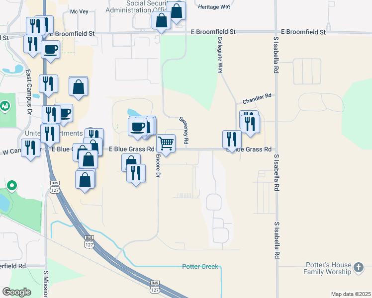 map of restaurants, bars, coffee shops, grocery stores, and more near East Blue Grass Road in Mount Pleasant