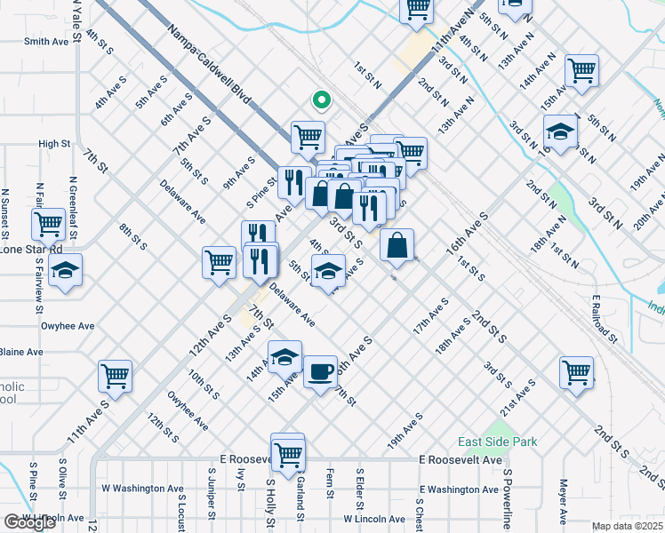 map of restaurants, bars, coffee shops, grocery stores, and more near 420 13th Avenue South in Nampa