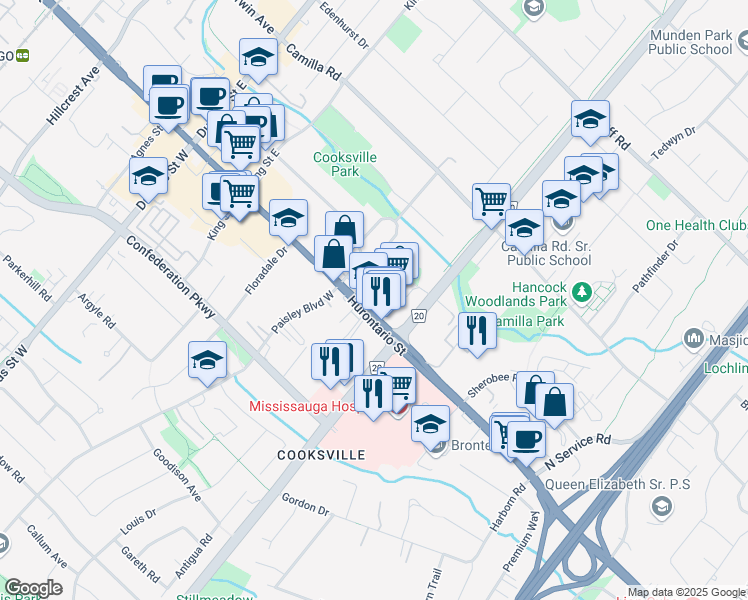 map of restaurants, bars, coffee shops, grocery stores, and more near in Mississauga