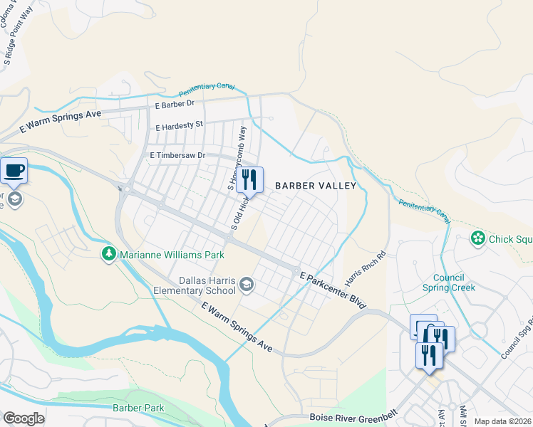 map of restaurants, bars, coffee shops, grocery stores, and more near 3000 South Old Hickory Way in Boise