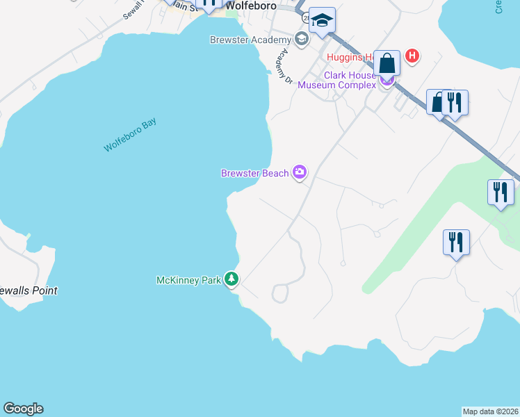 map of restaurants, bars, coffee shops, grocery stores, and more near 111 Clark Road in Wolfeboro