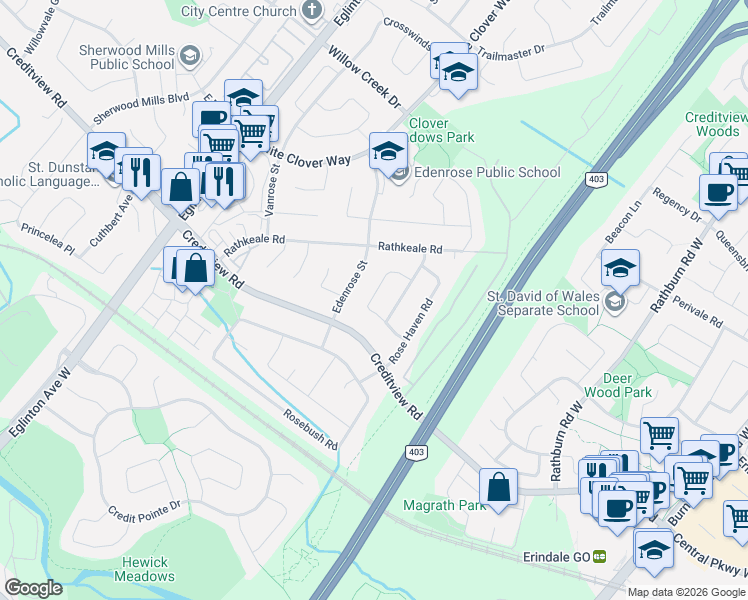 map of restaurants, bars, coffee shops, grocery stores, and more near 4781 Crystal Rose Drive in Mississauga