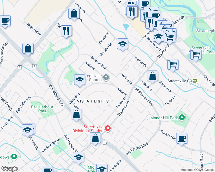 map of restaurants, bars, coffee shops, grocery stores, and more near 122 Vista Boulevard in Mississauga