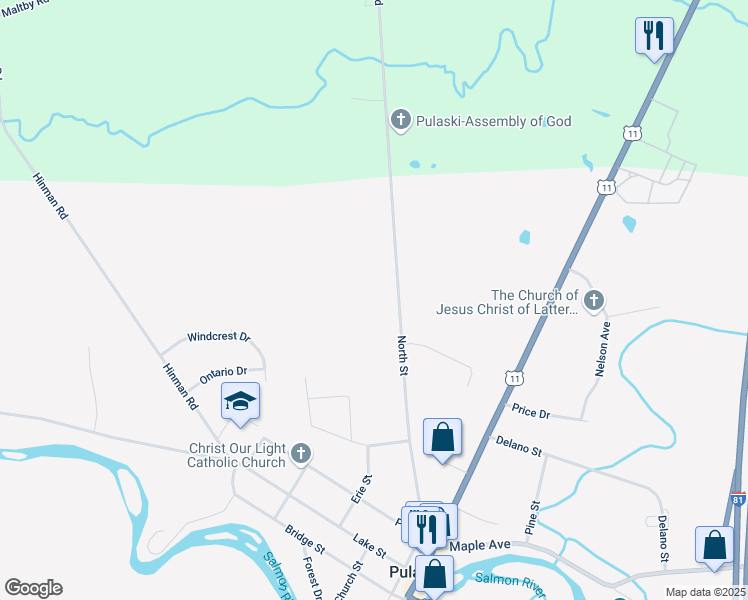 map of restaurants, bars, coffee shops, grocery stores, and more near 91 North Street in Pulaski