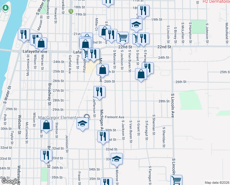 map of restaurants, bars, coffee shops, grocery stores, and more near 1518 S Monroe St in Bay City