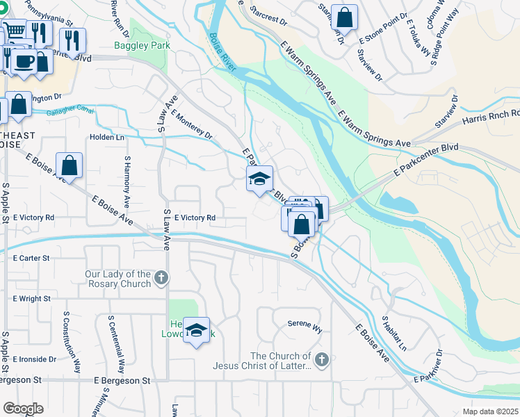 map of restaurants, bars, coffee shops, grocery stores, and more near 2100 East Victory Road in Boise