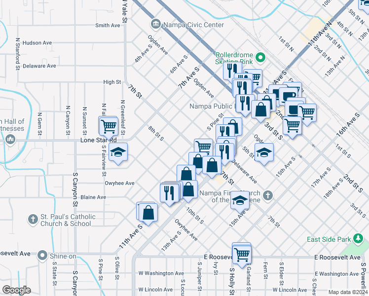 map of restaurants, bars, coffee shops, grocery stores, and more near 716 10th Avenue South in Nampa