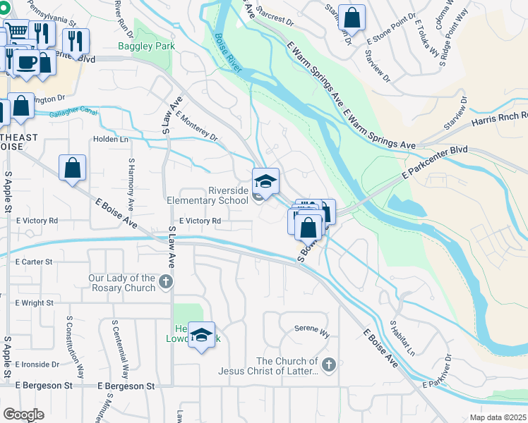 map of restaurants, bars, coffee shops, grocery stores, and more near 2100 East Victory Road in Boise