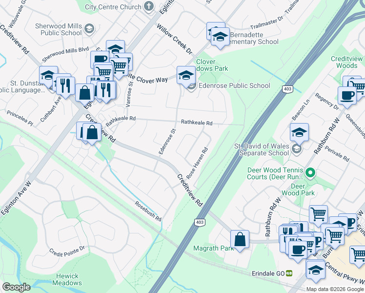 map of restaurants, bars, coffee shops, grocery stores, and more near 4781 Crystal Rose Drive in Mississauga
