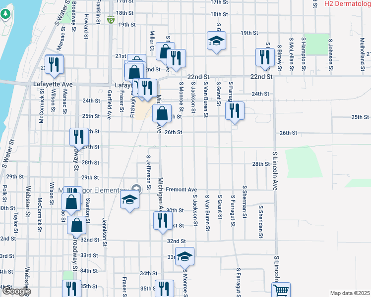map of restaurants, bars, coffee shops, grocery stores, and more near 1501 South Monroe Street in Bay City