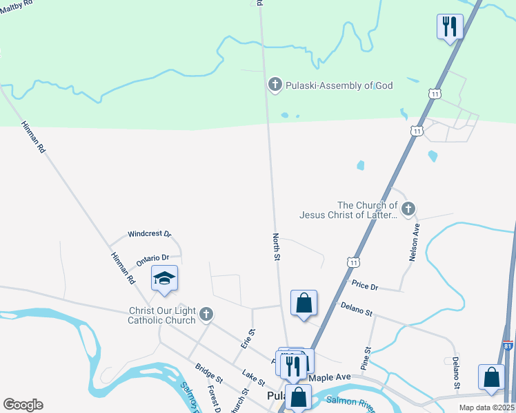 map of restaurants, bars, coffee shops, grocery stores, and more near 91 North Street in Pulaski