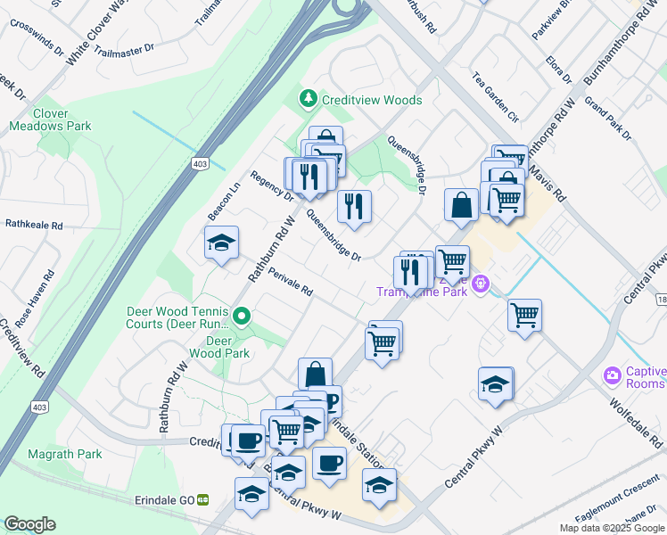 map of restaurants, bars, coffee shops, grocery stores, and more near 942 Hampstead Court in Mississauga