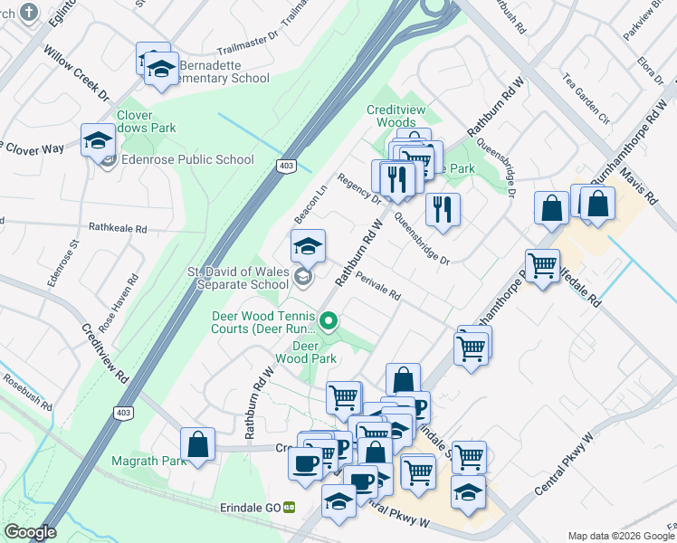 map of restaurants, bars, coffee shops, grocery stores, and more near 4154 Beacon Lane in Mississauga
