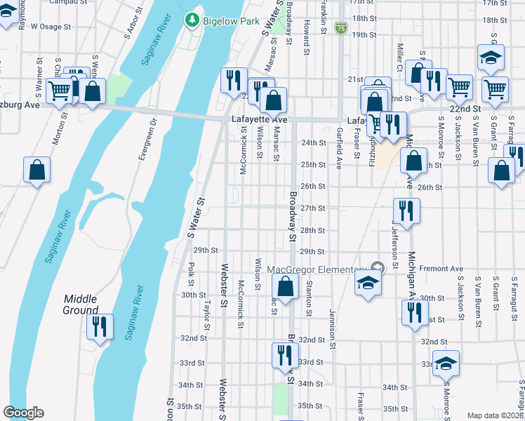 map of restaurants, bars, coffee shops, grocery stores, and more near 818 Marsac Street in Bay City