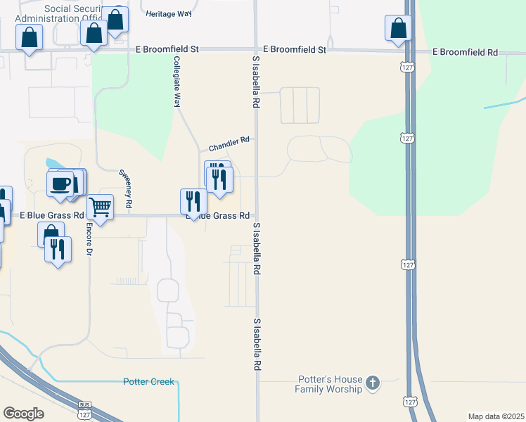 map of restaurants, bars, coffee shops, grocery stores, and more near 4497 South Isabella Road in Mount Pleasant