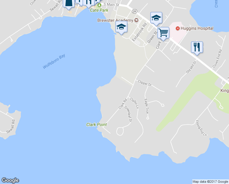 map of restaurants, bars, coffee shops, grocery stores, and more near 111 Clark Road in Wolfeboro