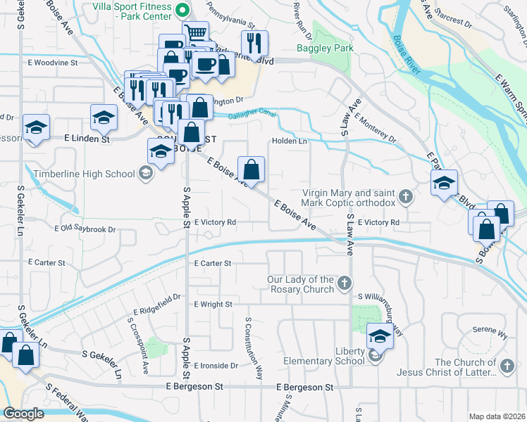 map of restaurants, bars, coffee shops, grocery stores, and more near 1155 East Victory Road in Boise