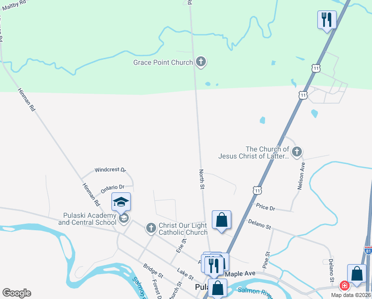 map of restaurants, bars, coffee shops, grocery stores, and more near 91 North Street in Pulaski